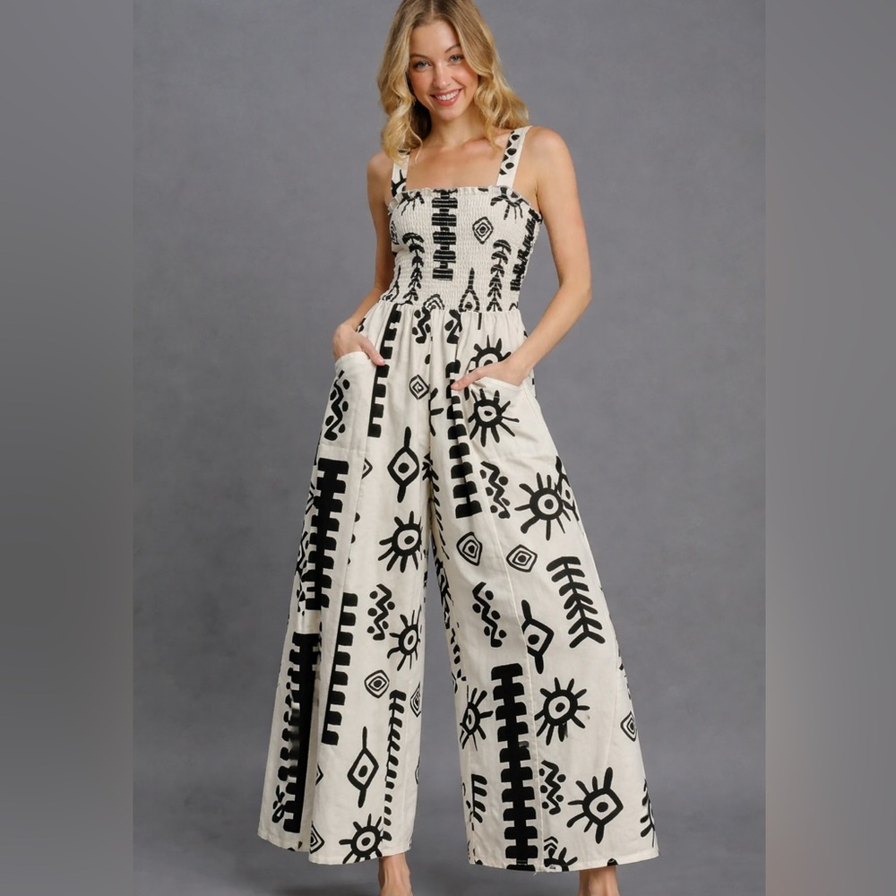 The cutest Cream and Black Tribal Print Wide-Leg Jumpsuit